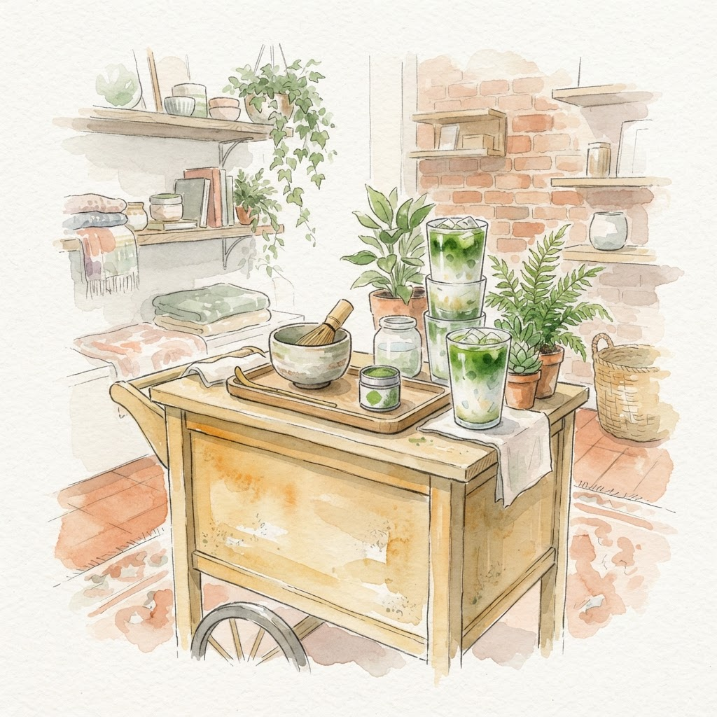 Watercolor illustration of a matcha pop-up stand inside a boutique with a whisk, bamboo scoop, and layered iced matcha cups
