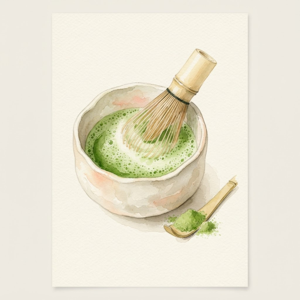 Watercolor illustration of a bamboo chasen whisking bright green matcha in a ceramic bowl